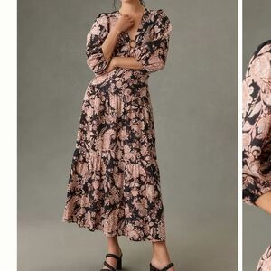 Anthropologie KIVARI V-Neck Puff Sleeve Linen Midi Dress